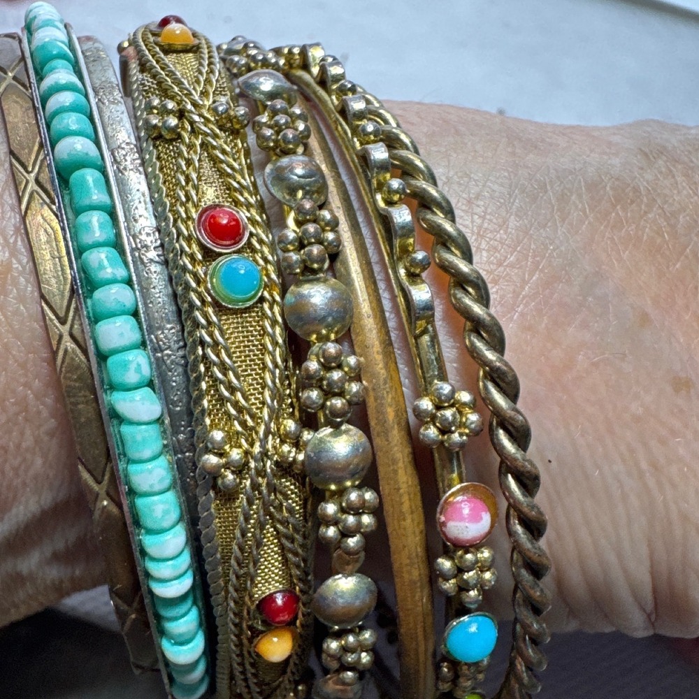 Mixed Metal Boho Bangle Bracelet Stack Filigree Beaded Turquoise Accents 8pc - Picture 2 of 7